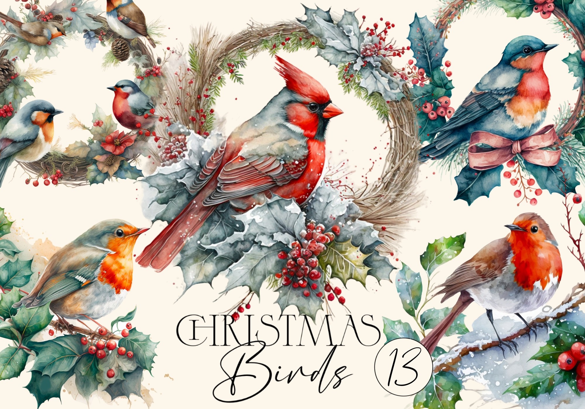 winter bird stickers: 13 Christmas Bird Watercolor PNGs original product preview