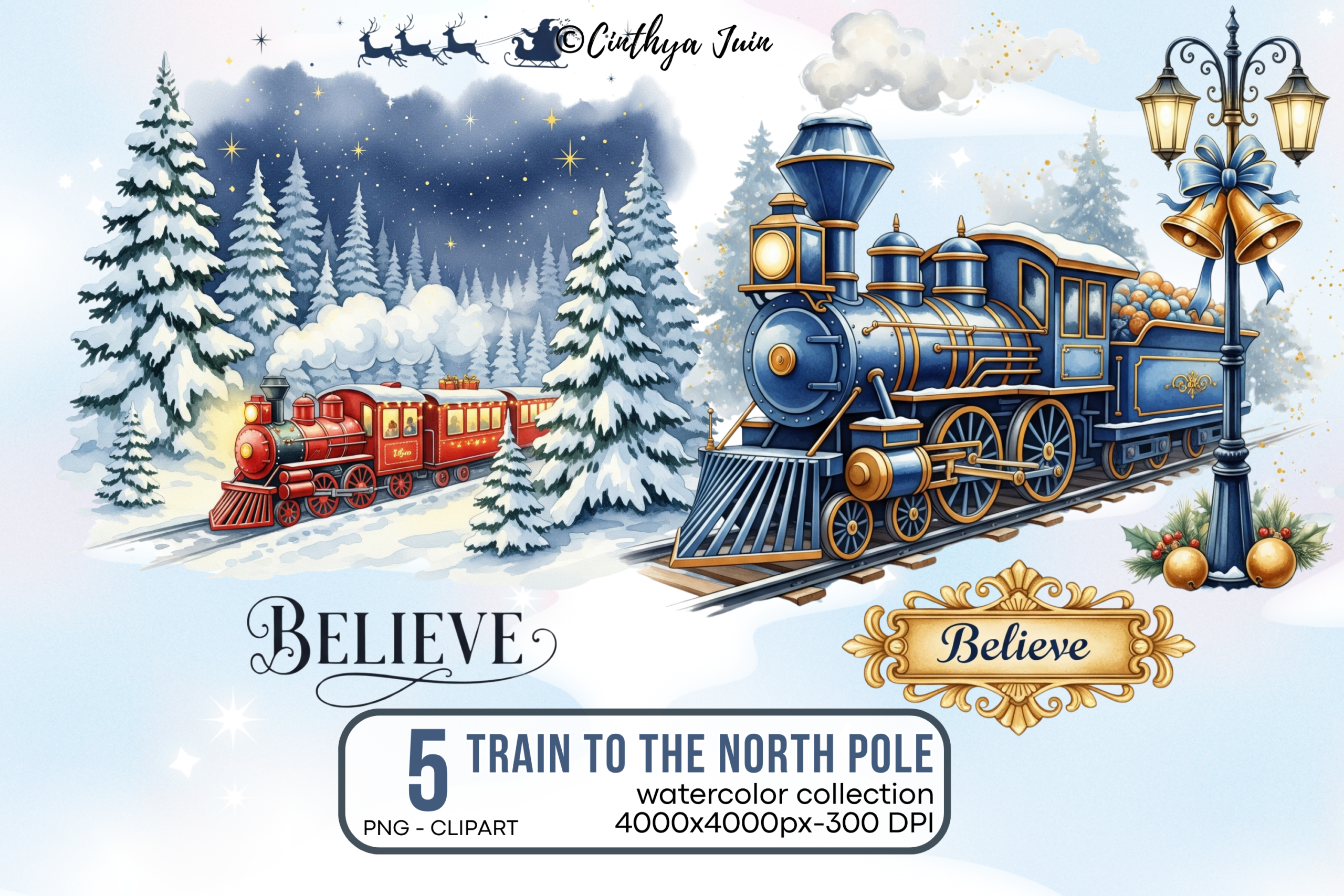 christmas train stickers: Five Watercolor Christmas Train PNGs original product preview