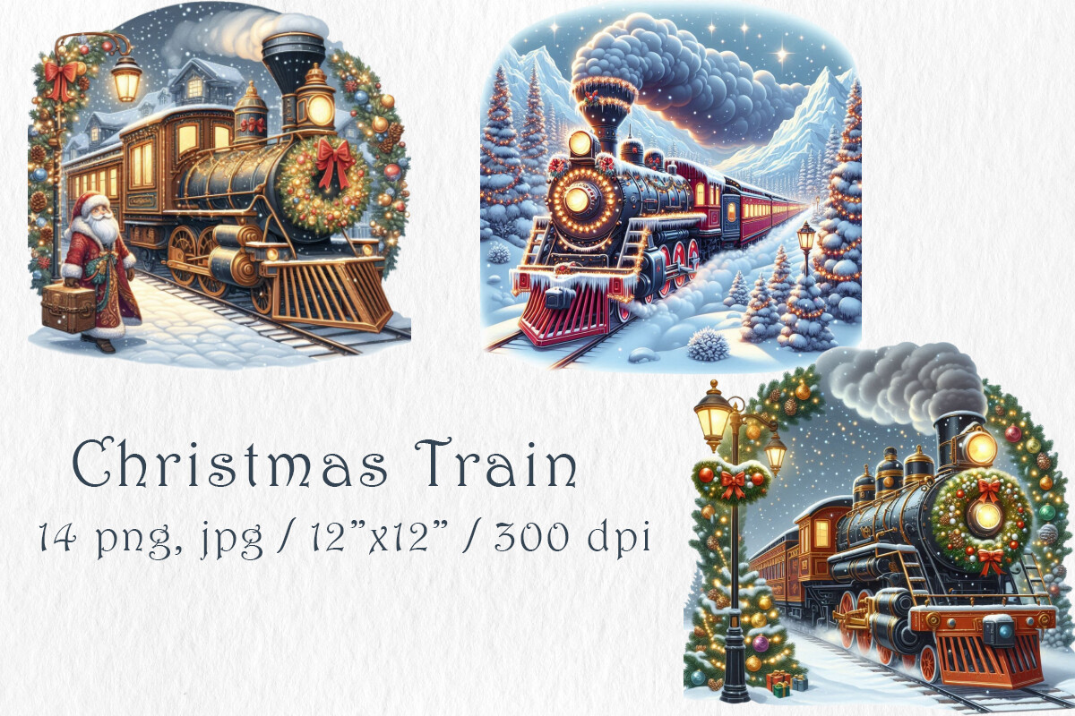 christmas train stickers: 14 Vintage Christmas Train Illustrations original product preview