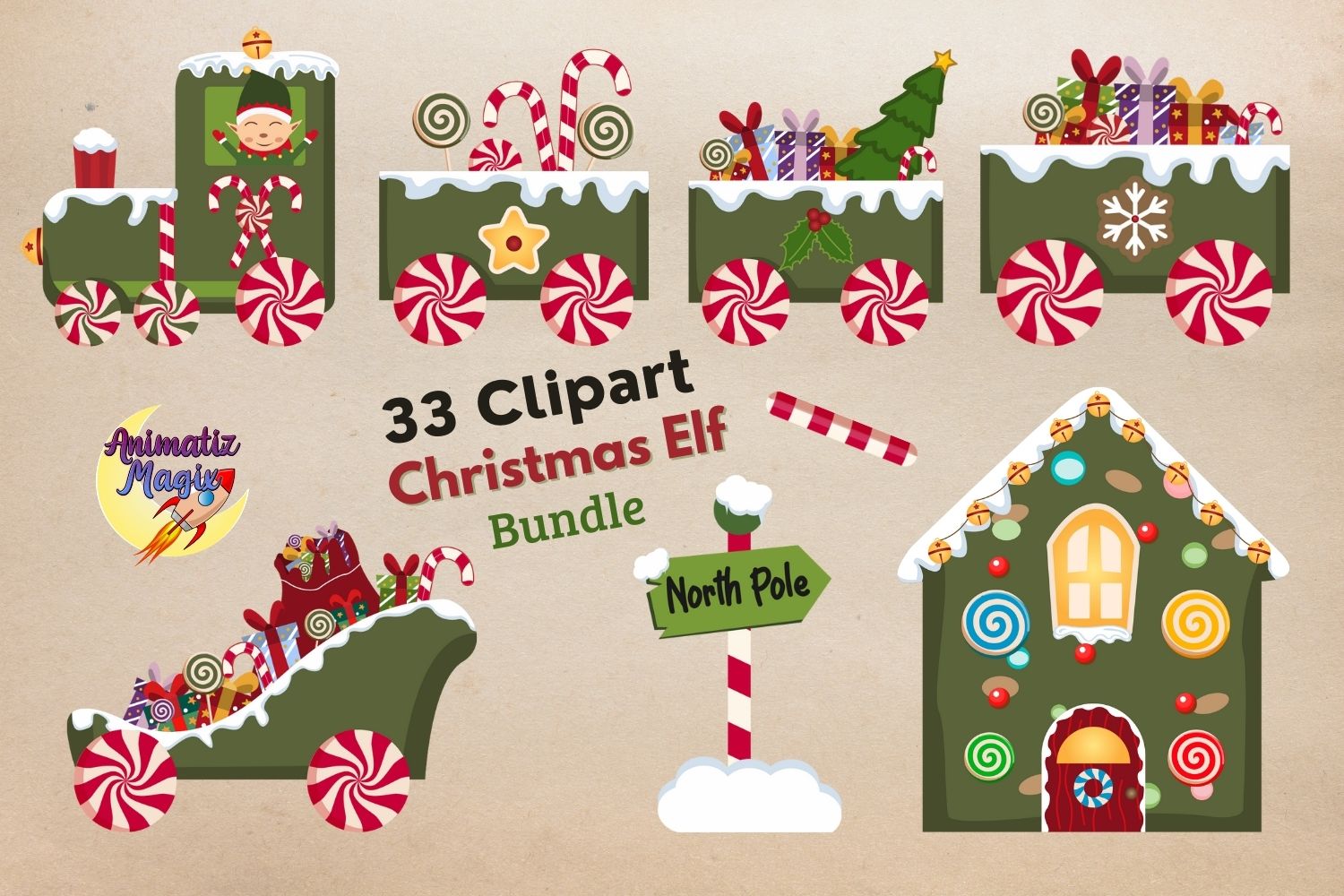 christmas train stickers: Elf Train Alphabet Clipart Bundle original product preview