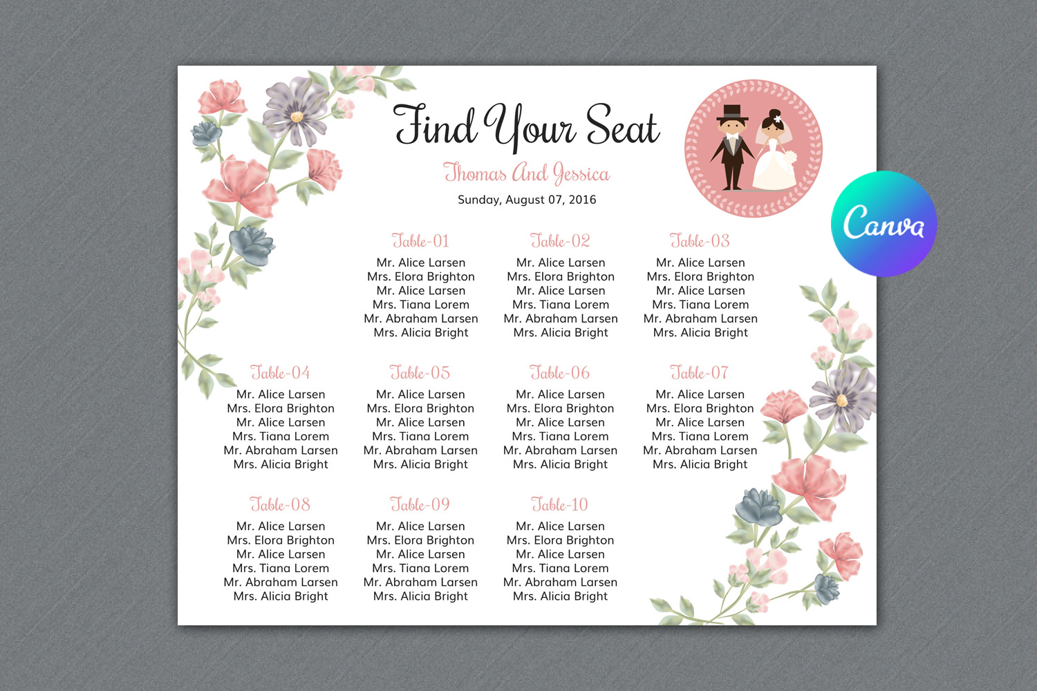 wedding seating chart templates: Floral 16×20-Inch Word and Photoshop Chart original product preview
