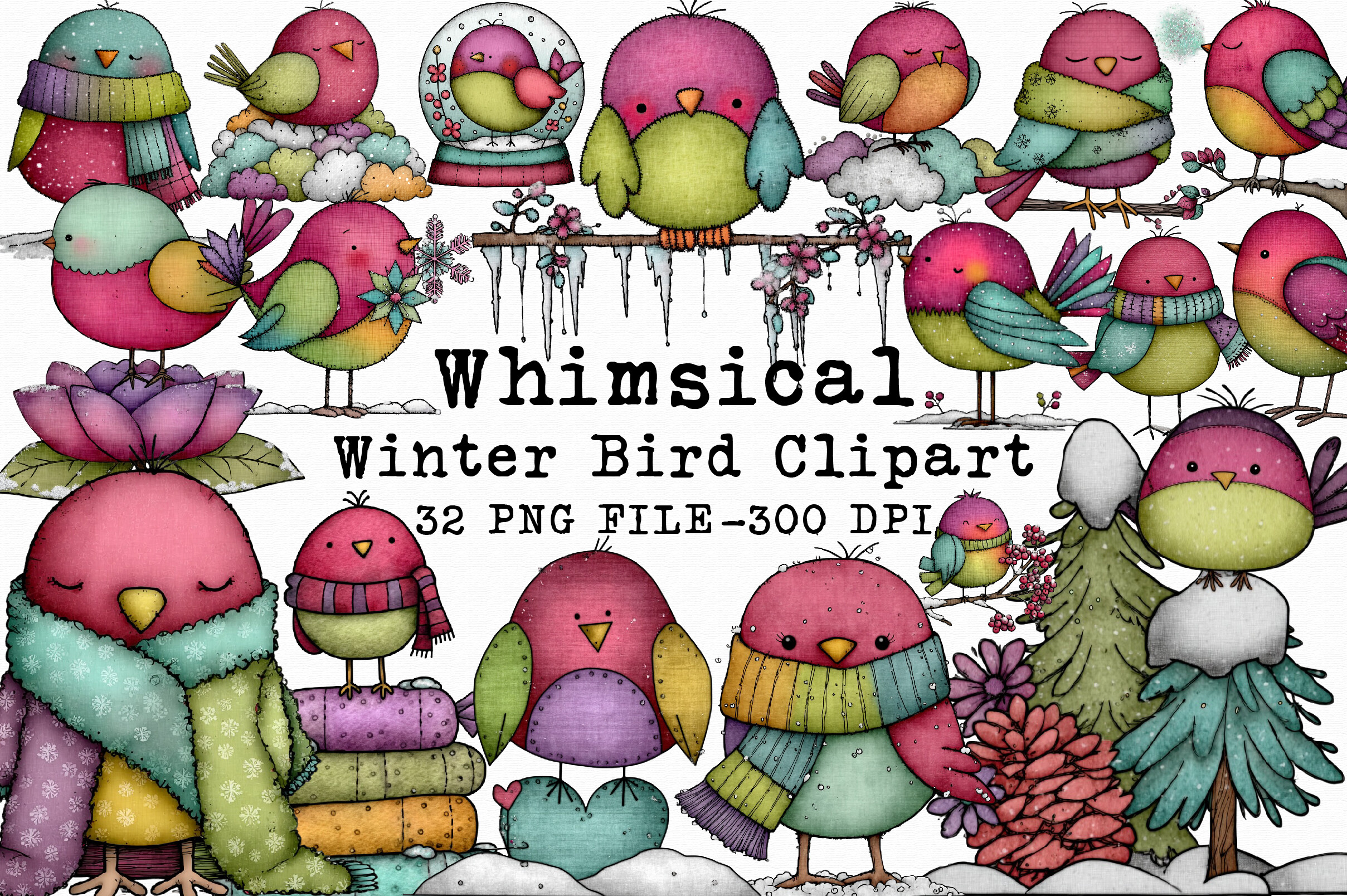 winter bird stickers: 32 Whimsical Winter Bird Designs original product preview