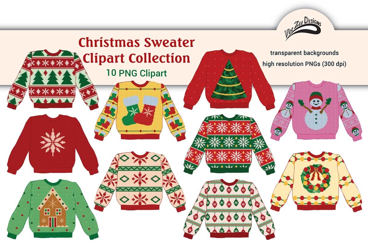 Christmas sweater stickers: Ten Transparent Sweater Images by Vee Zee Designs