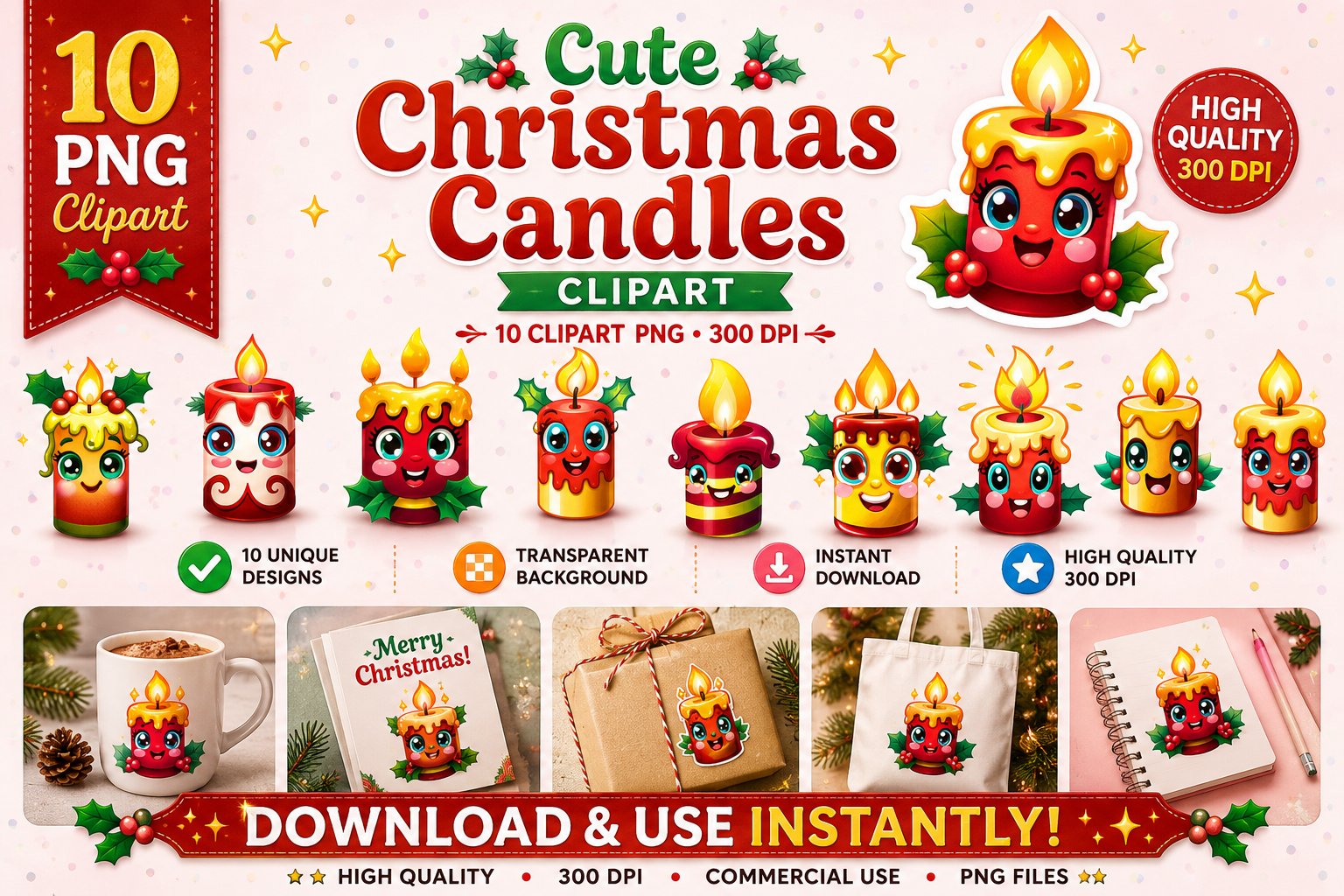 Christmas candle stickers: Kawaii Candle PNG and JPG Collection by Hamees Store