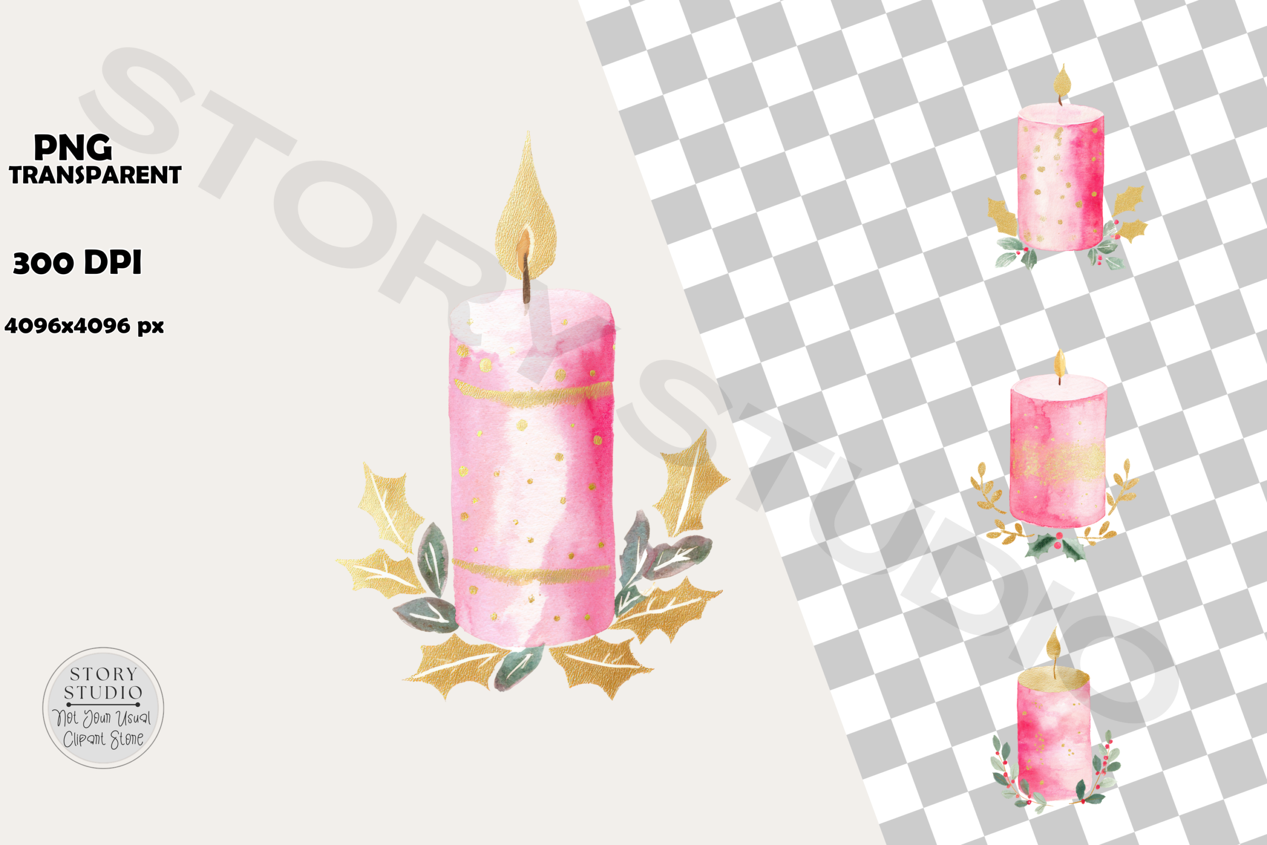 Christmas candle stickers: Sixteen Pink Christmas Candle PNGs by Story Studio