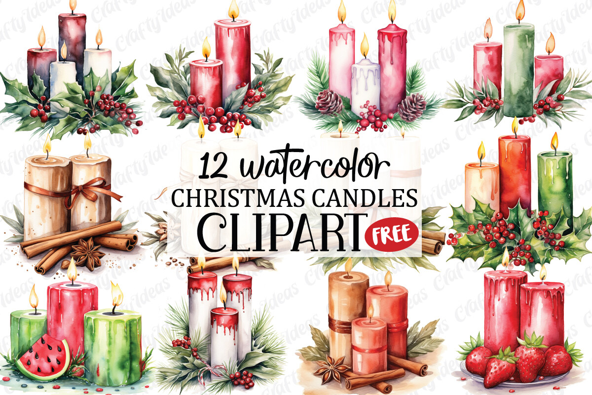 Christmas candle stickers: Twelve Watercolor Candle PNGs by CraftyIdeas