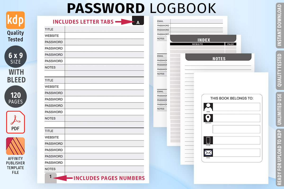 password log templates: Alphabetical Password Logbook with Affinity Publisher Source