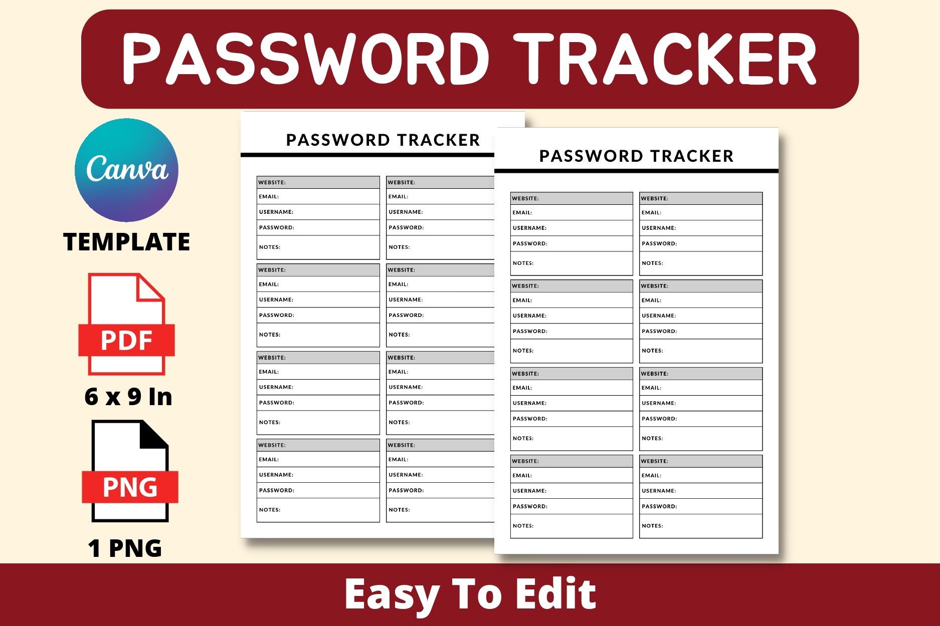 password log templates: One-Page Canva Password Tracker by SuperDesignByKoki