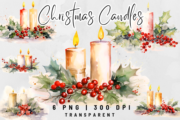 Christmas candle stickers: Six Wide Watercolor Candle PNGs by kathyfoxdesign