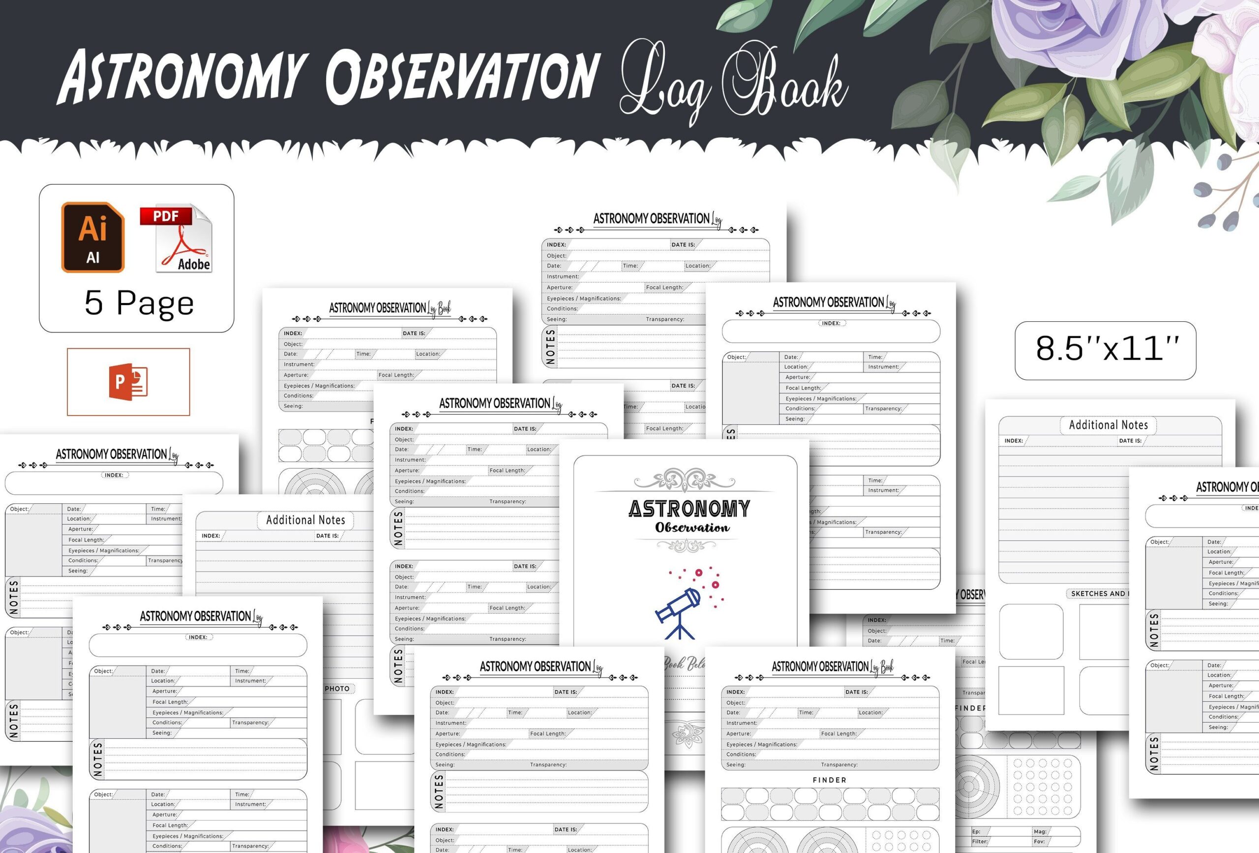 astronomy observation log templates: Five-Page Editable Observation Set by Design_hut