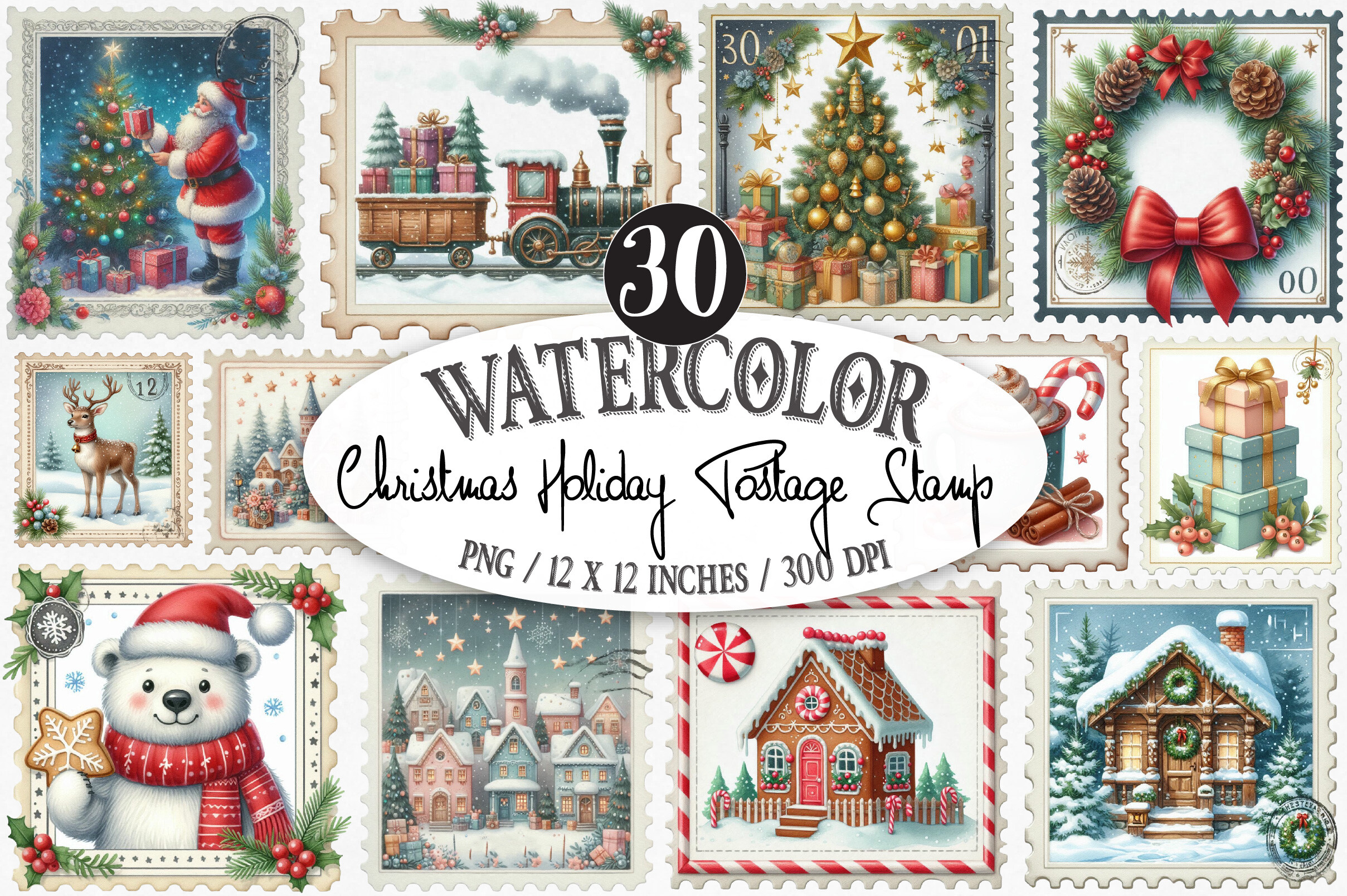 Christmas postage stickers: 30 Christmas Holiday Stamp PNGs by designking