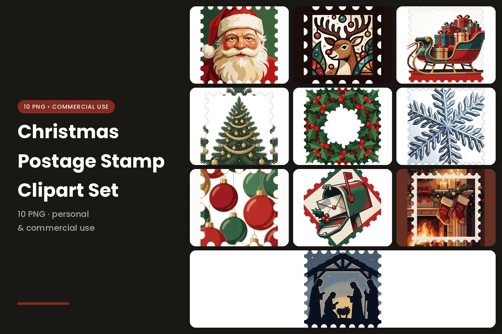 Christmas postage stickers: Ten Christmas Stamp Images by GookkisStudio