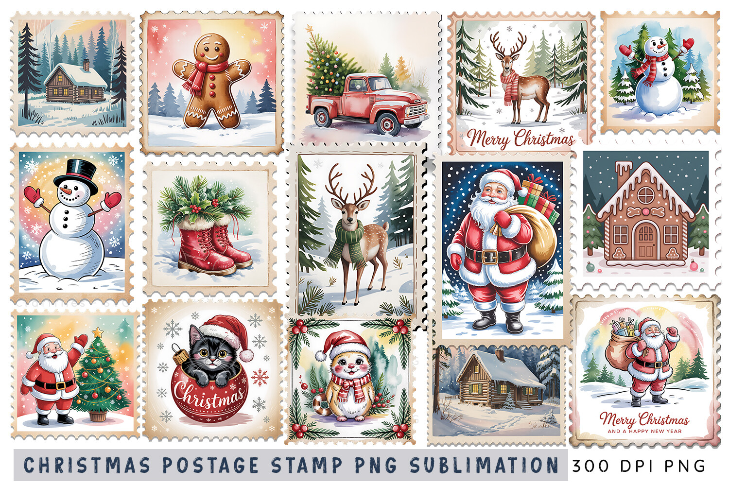 Christmas postage stickers: 18 Vintage Christmas Stamp PNGs by Craftfiles-SVG