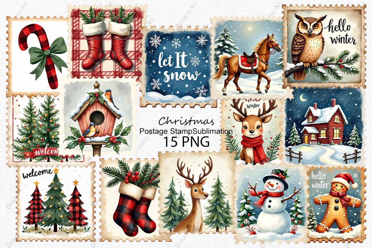 Christmas postage stickers: 15 Transparent Christmas Stamp PNGs by Dreamy Art