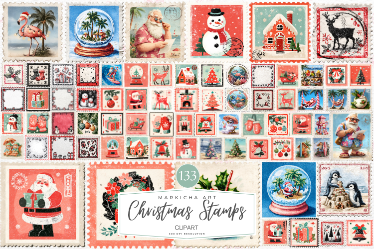 Christmas postage stickers: 133 Christmas Postage PNGs by Markicha Art