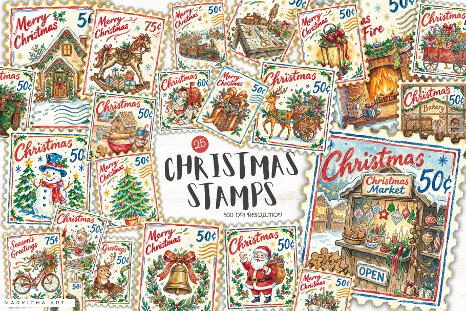 Christmas postage stickers: 25 Christmas Postage PNGs by Markicha Art