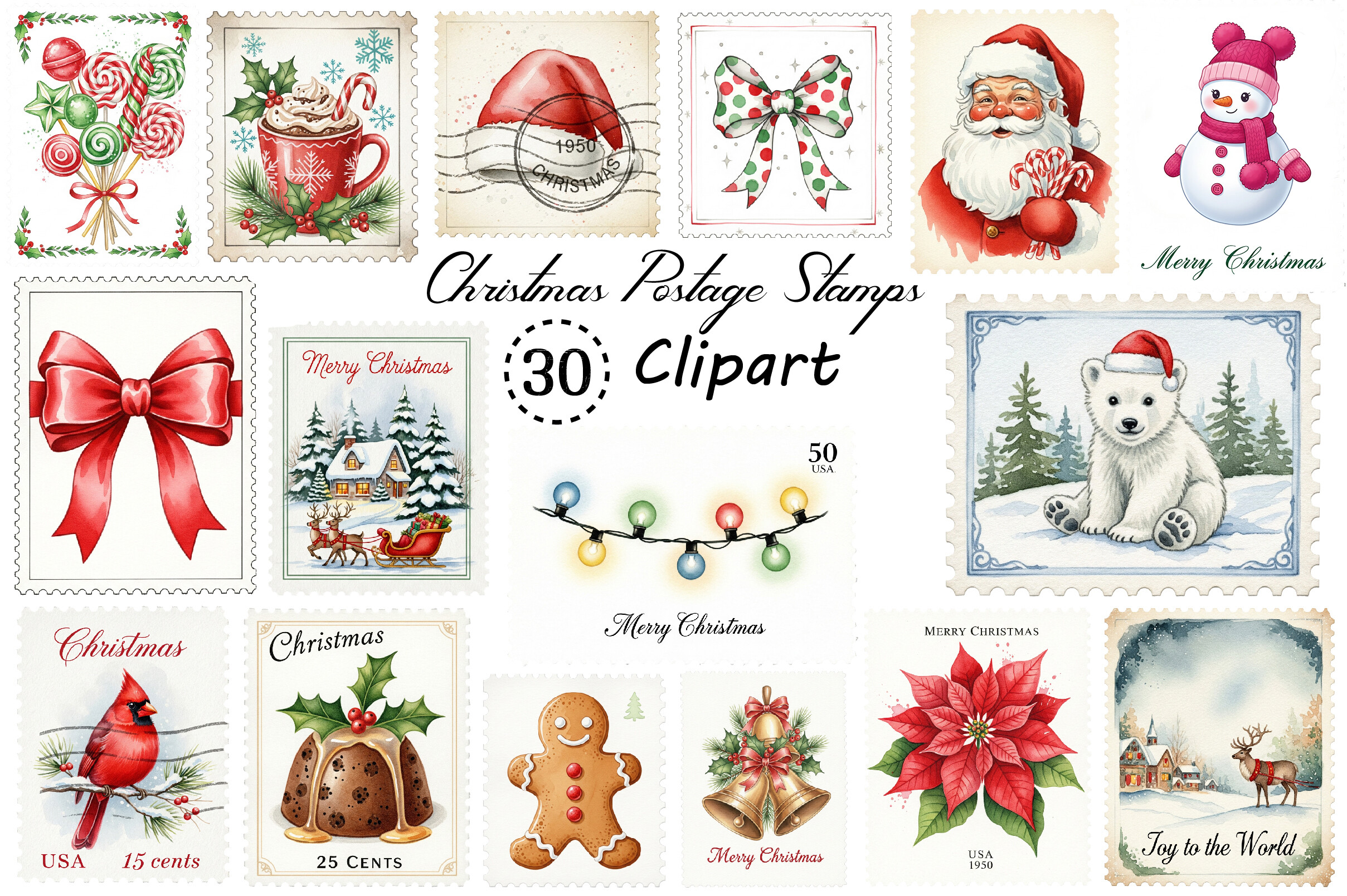 Christmas postage stickers: 30 Transparent Christmas Postage PNGs by Voxel Verse