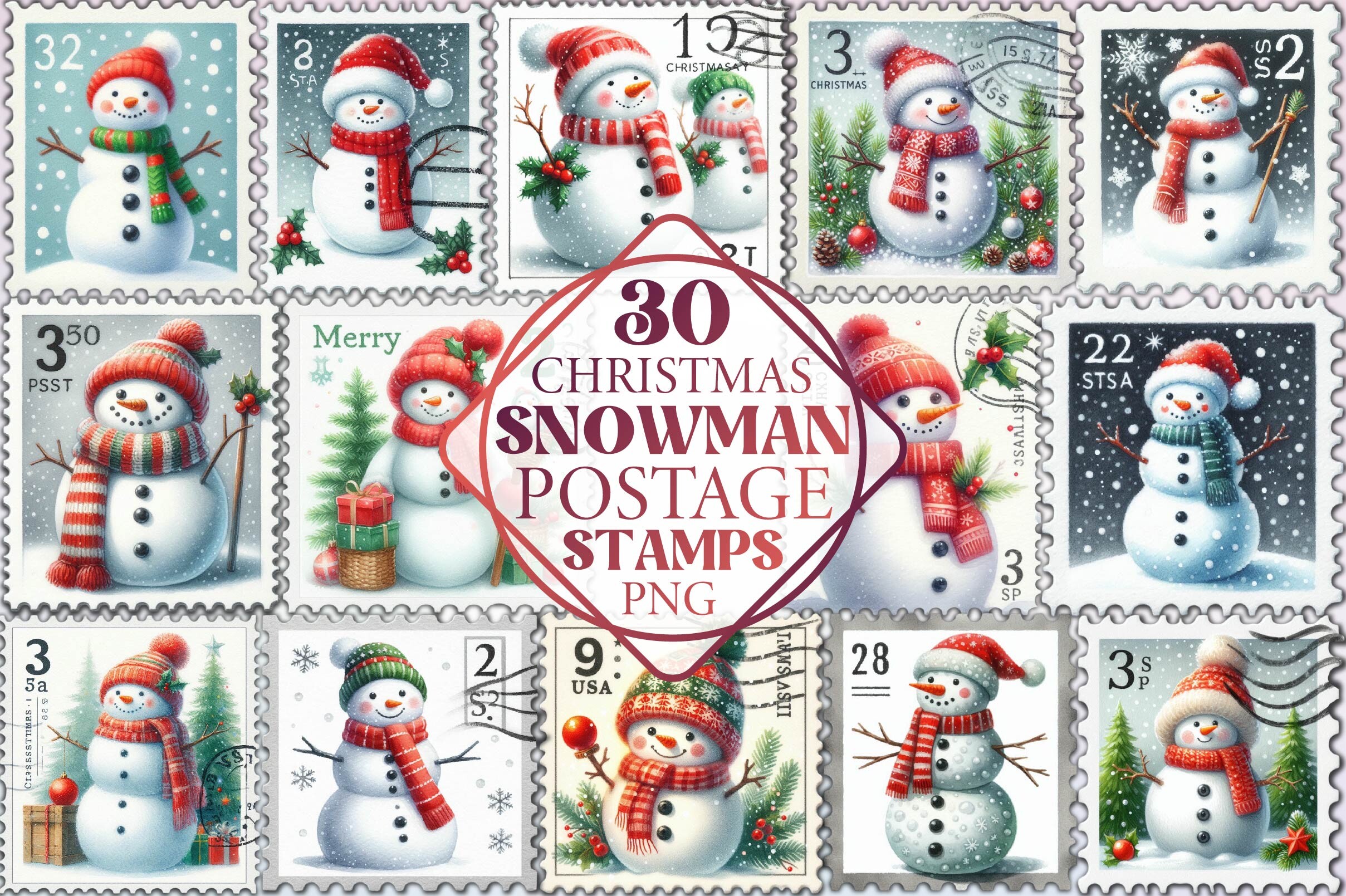 Christmas postage stickers: 30 Watercolor Snowman Stamp PNGs by Dream Print