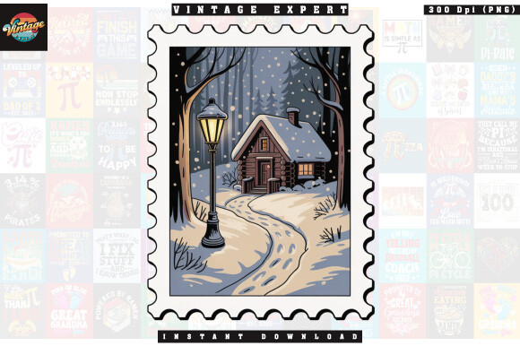 Christmas postage stickers: Warm Holiday Home Stamp PNG by Vintage Expert