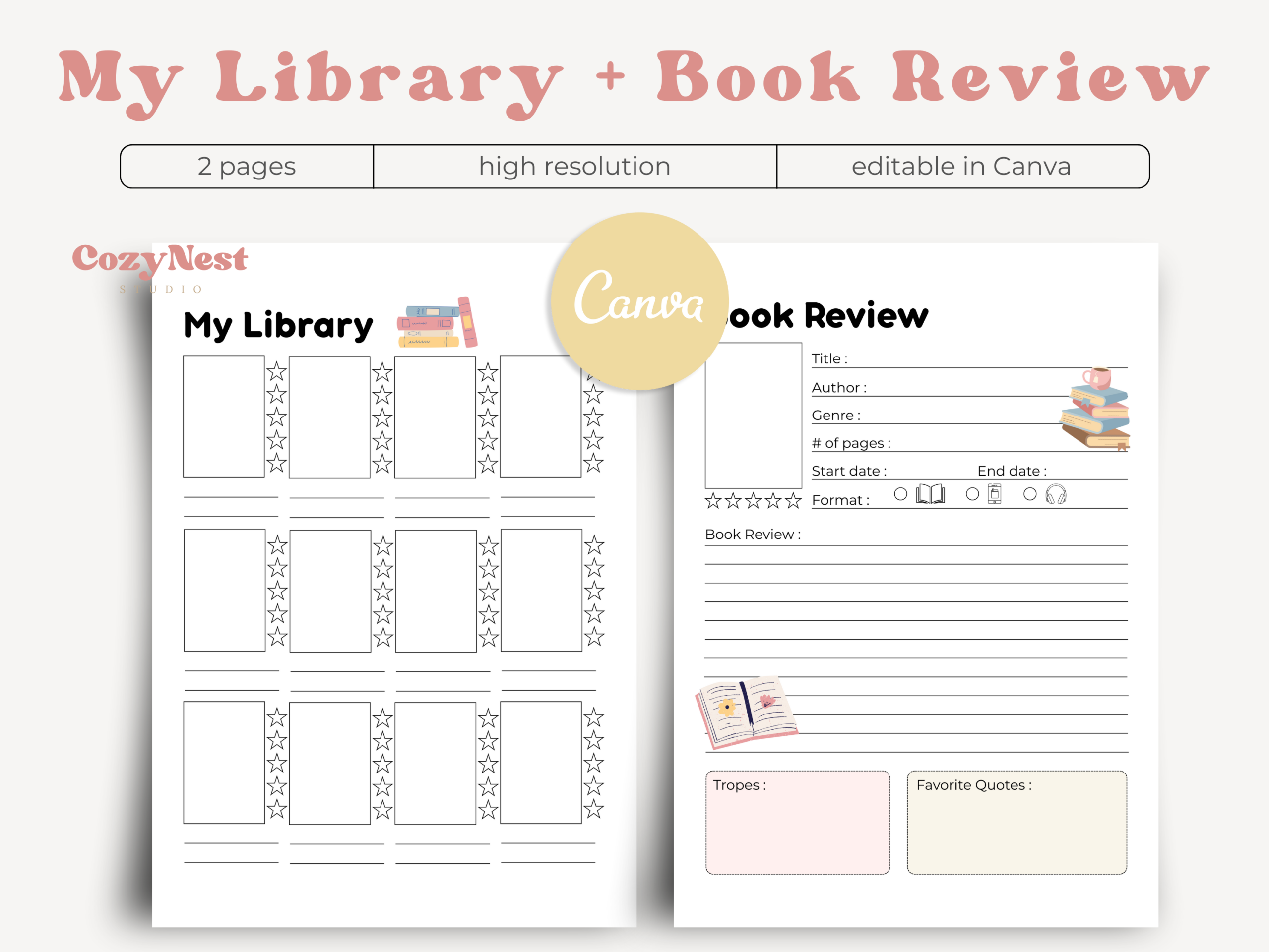 Reading Journal — Two-Page Canva Library and Book Review Set