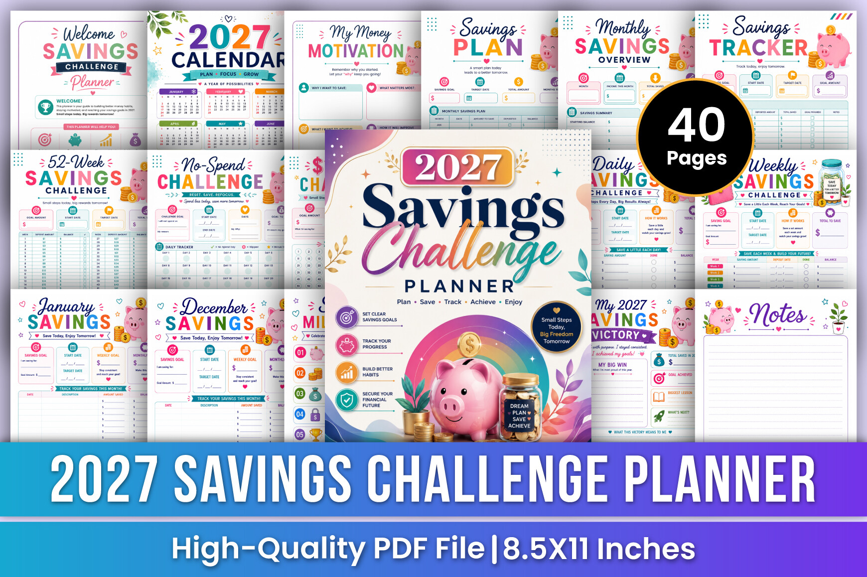 Savings Challenge Planner — 2027 Savings Challenge Planner with Weekly and Daily Options