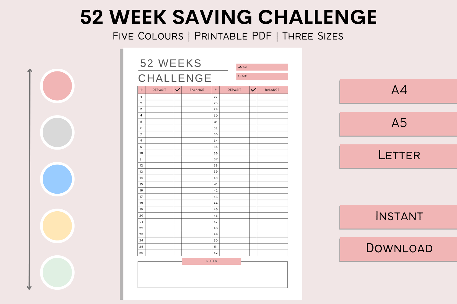 Savings Challenge Planner — Five-Color 52-Week Savings Challenge