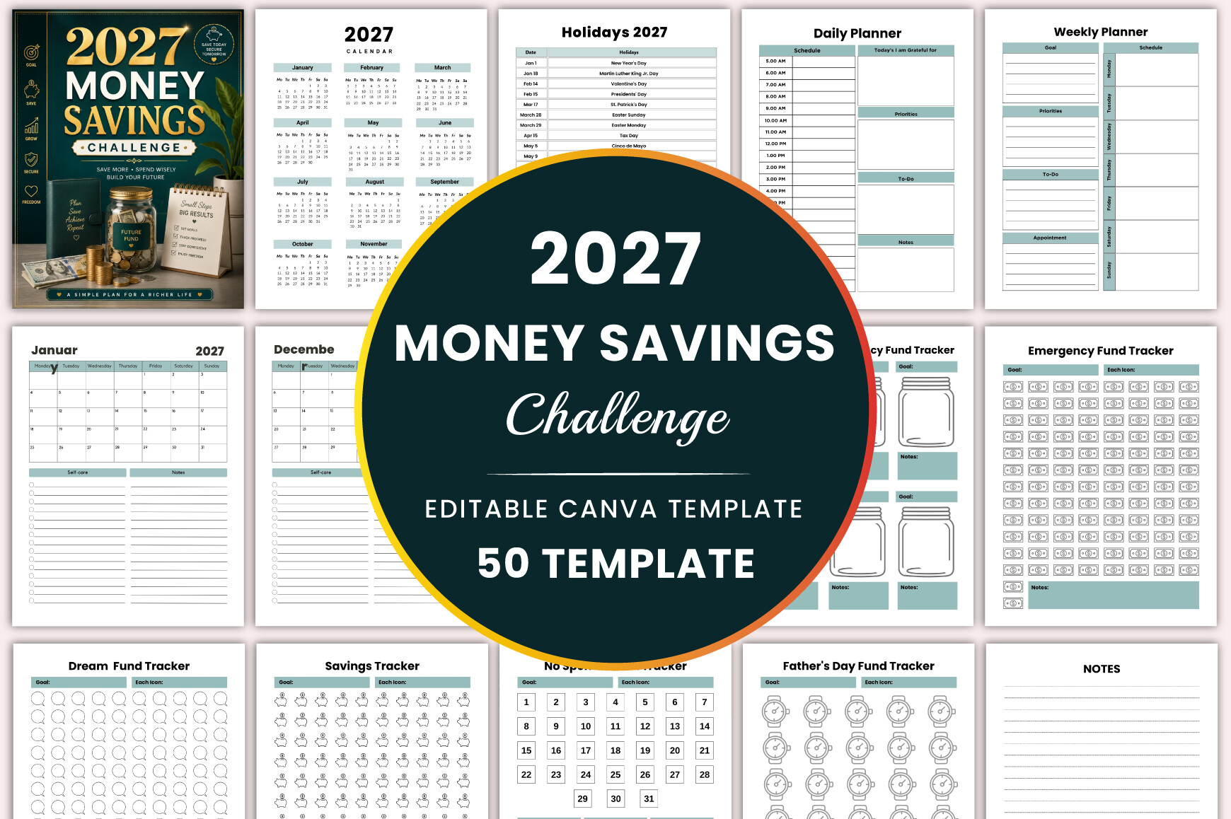 Savings Challenge Planner — Editable 2027 Money Savings Challenge