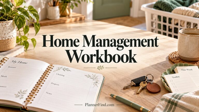 Home Management Workbook in a realistic styled planning workspace