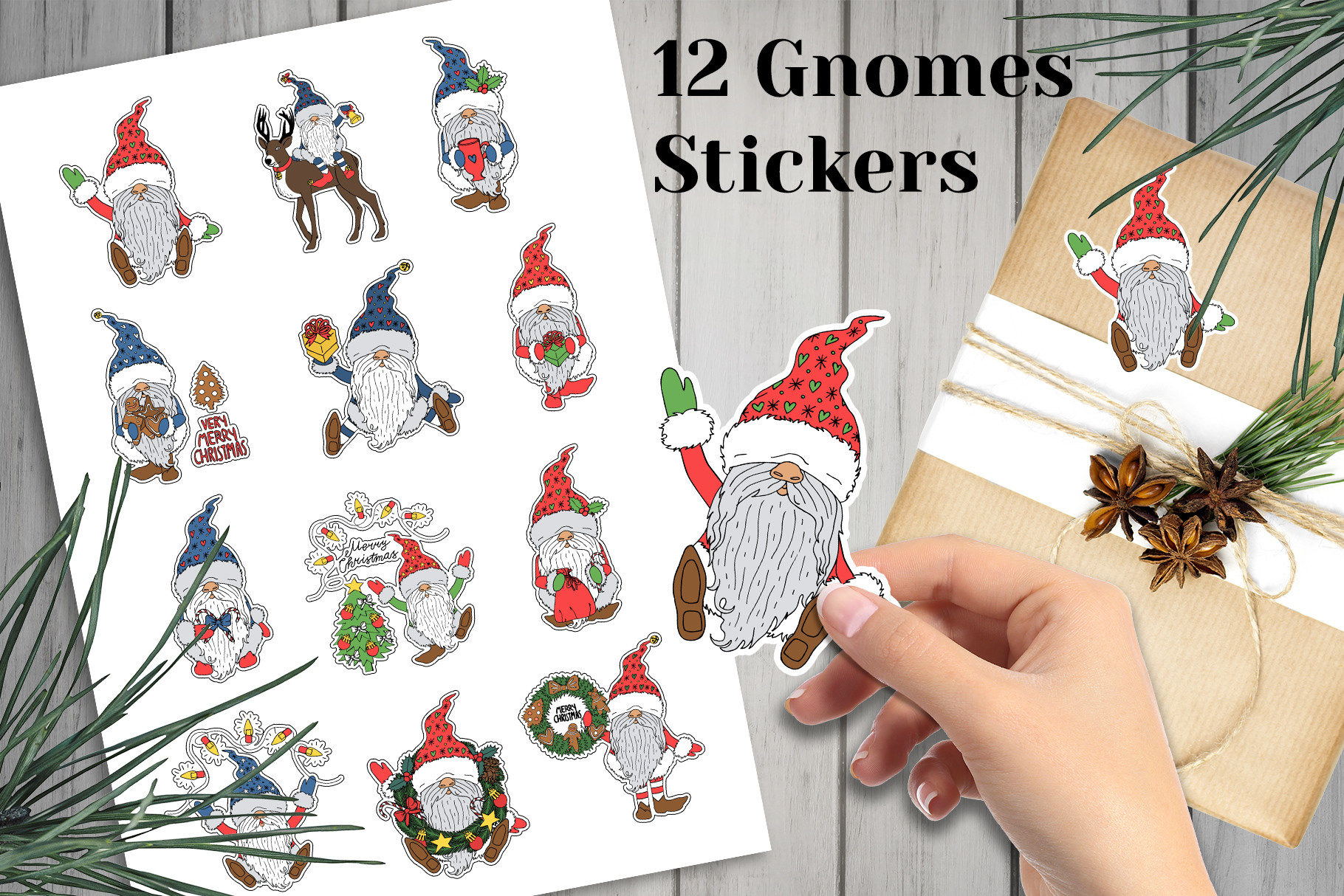 Christmas Gnome Stickers: Hand-Drawn Gnomes with Bordered and Borderless Versions original product preview