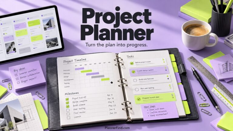 Project Planner with realistic planner pages and themed desk accessories