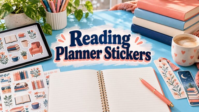 Reading Planner Stickers cover with realistic journal and themed objects