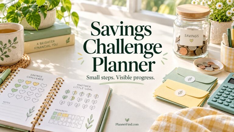 Savings Challenge Planner with realistic planners and themed accessories