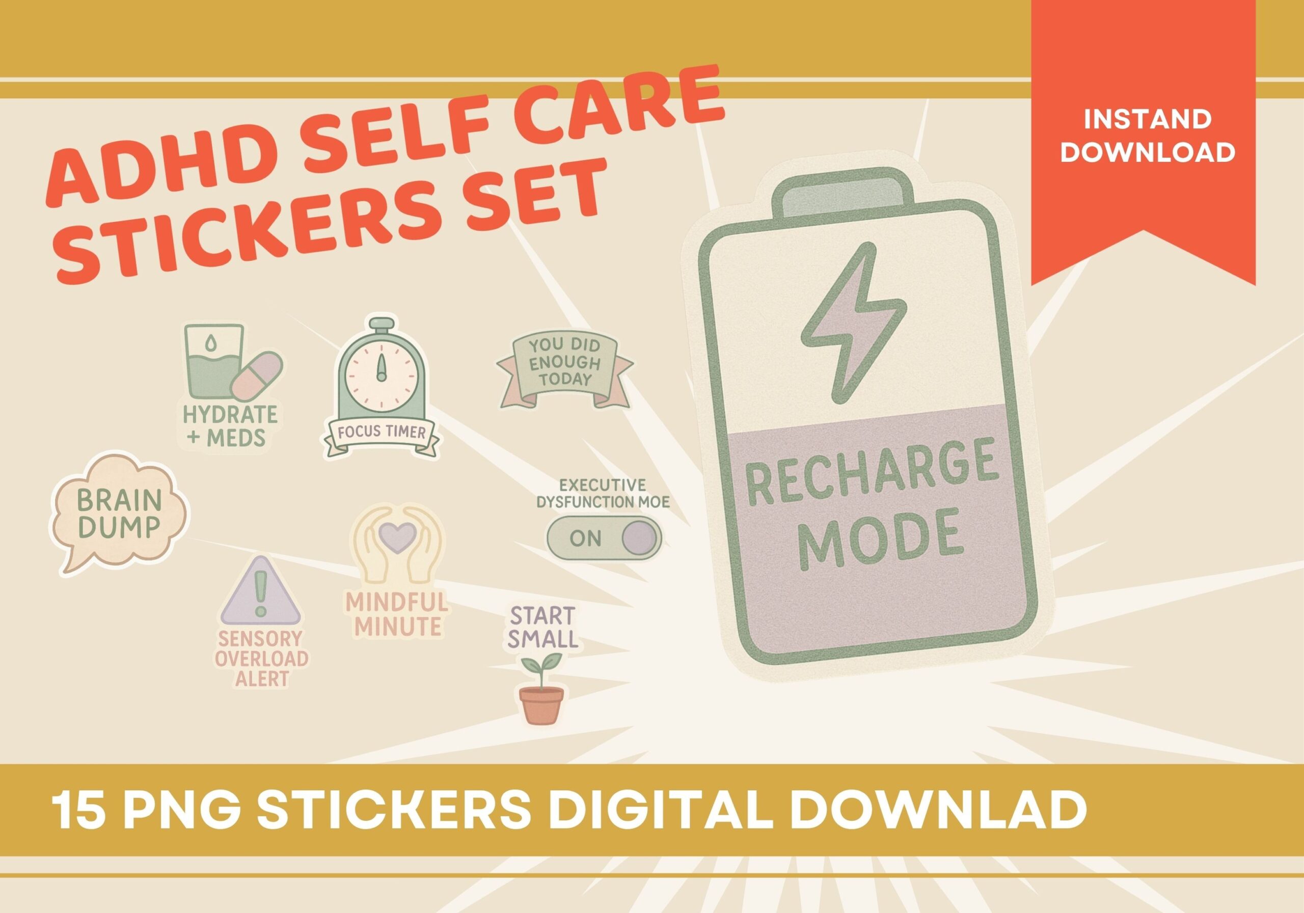 Self Care Planner Stickers: ADHD Self Care Stickers: Calm Pastel Set