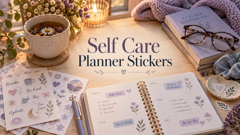 Self Care Planner Stickers with realistic planner and themed stationery