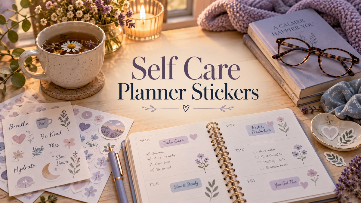 Self Care Planner Stickers with realistic planner and themed stationery