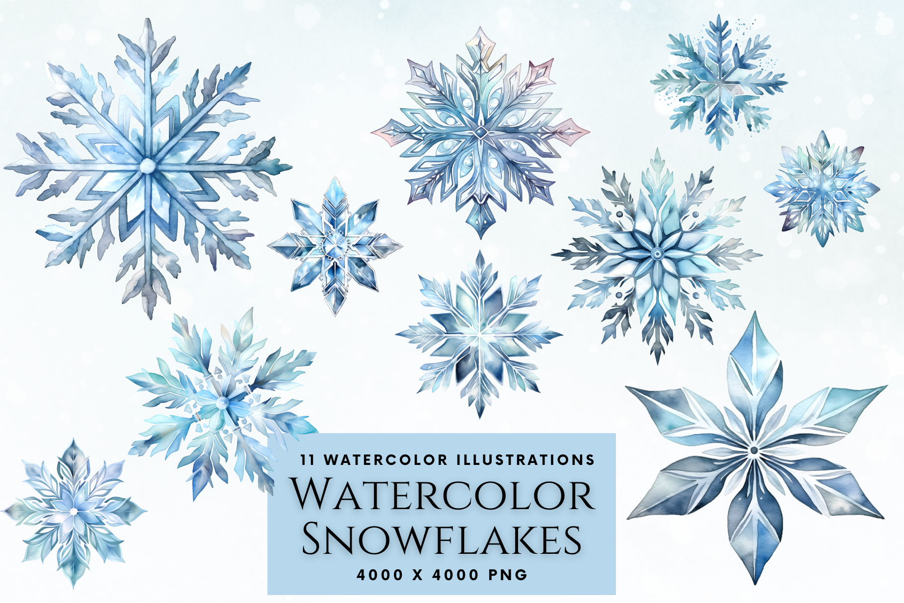 Snowflake Stickers: Eleven Icy Watercolor Illustrations with Large PNG Files original product preview