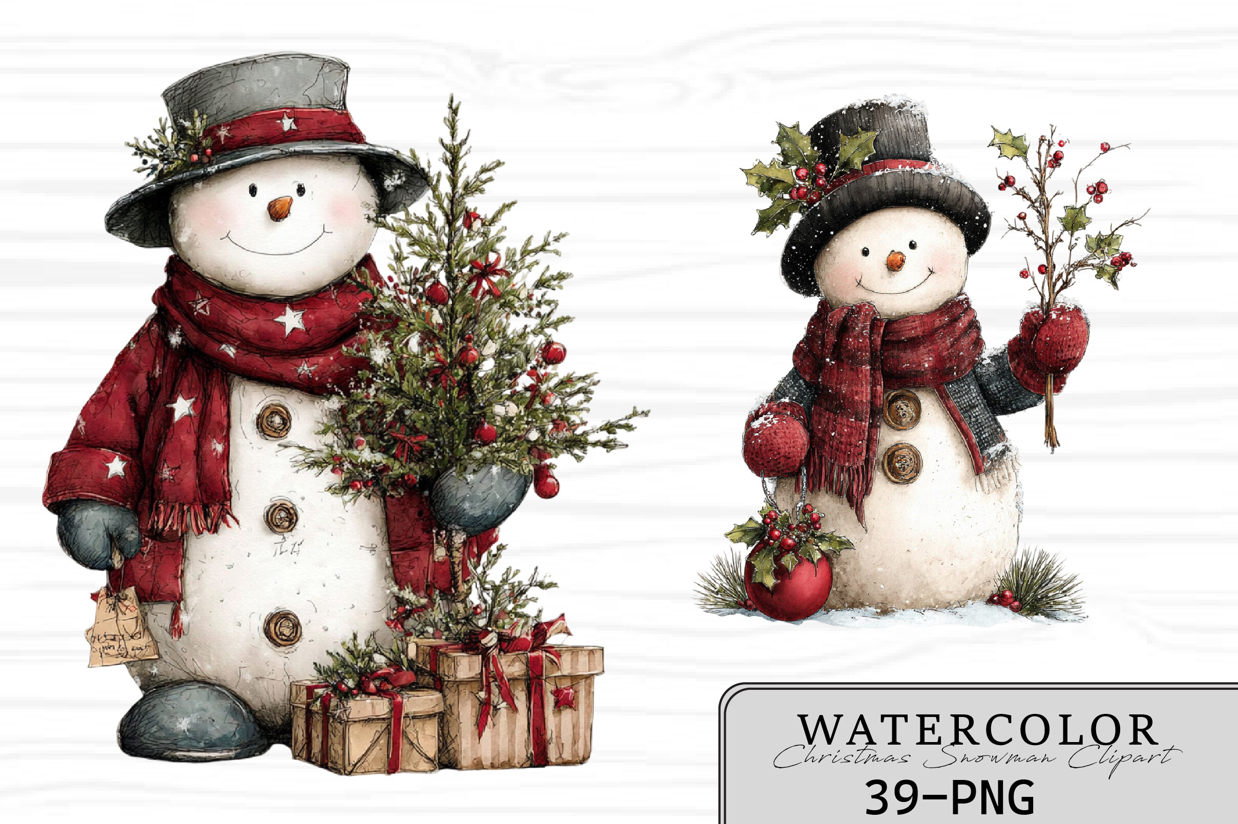 Snowman Stickers: Watercolor-Style Snowmen with Trees and Winter Greenery original product preview