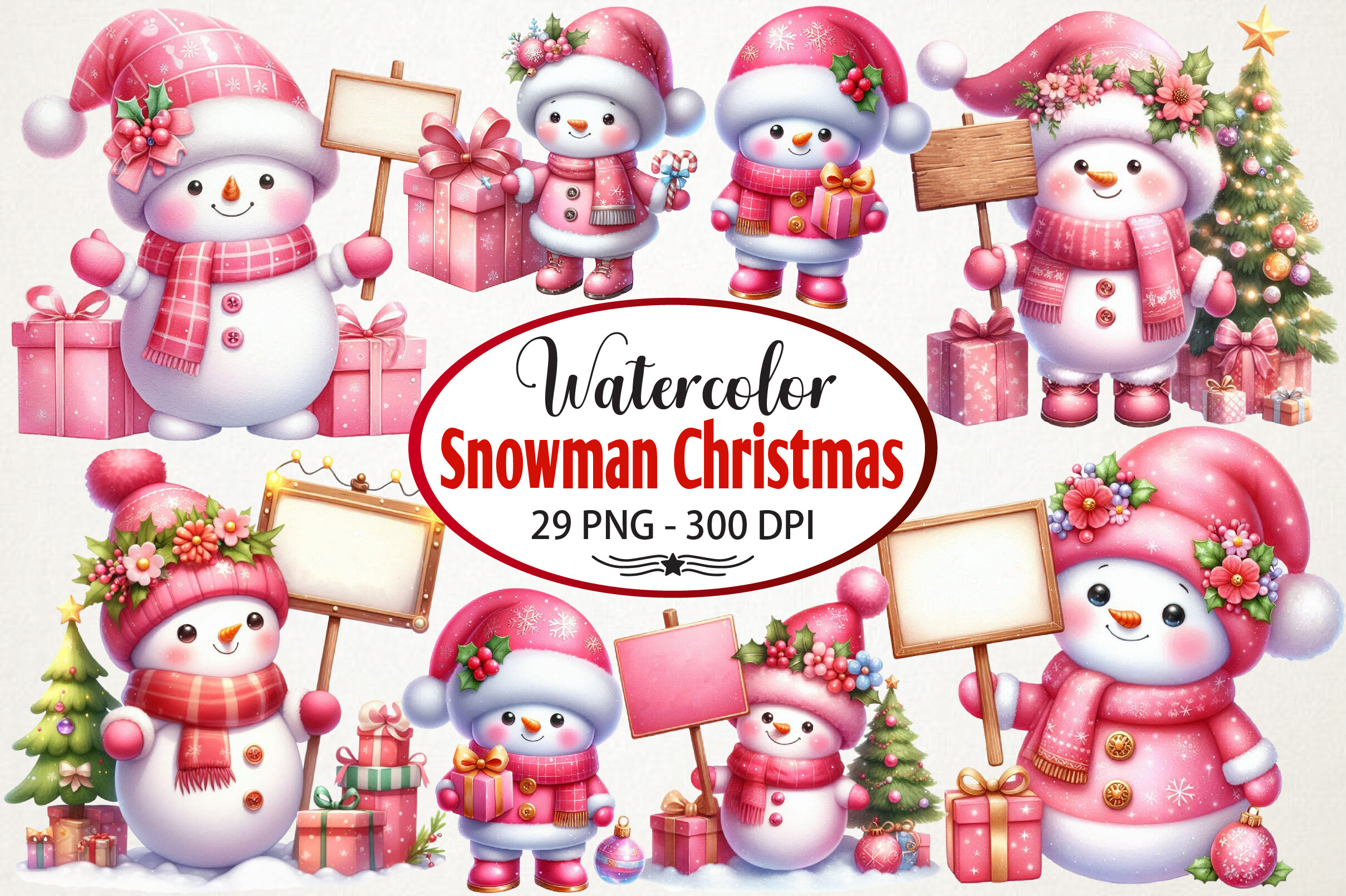 Snowman Stickers: Bright Pink Snowmen with Gifts and Signboards original product preview