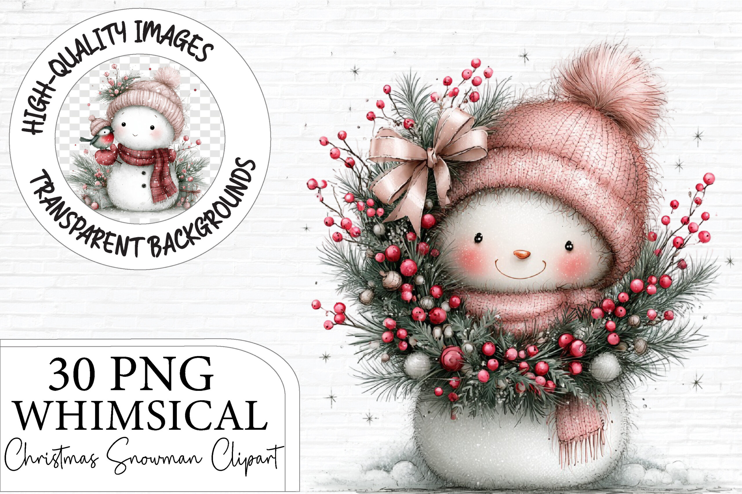 Snowman Stickers: Soft Pink Snowmen with Knitted Winter Accessories original product preview