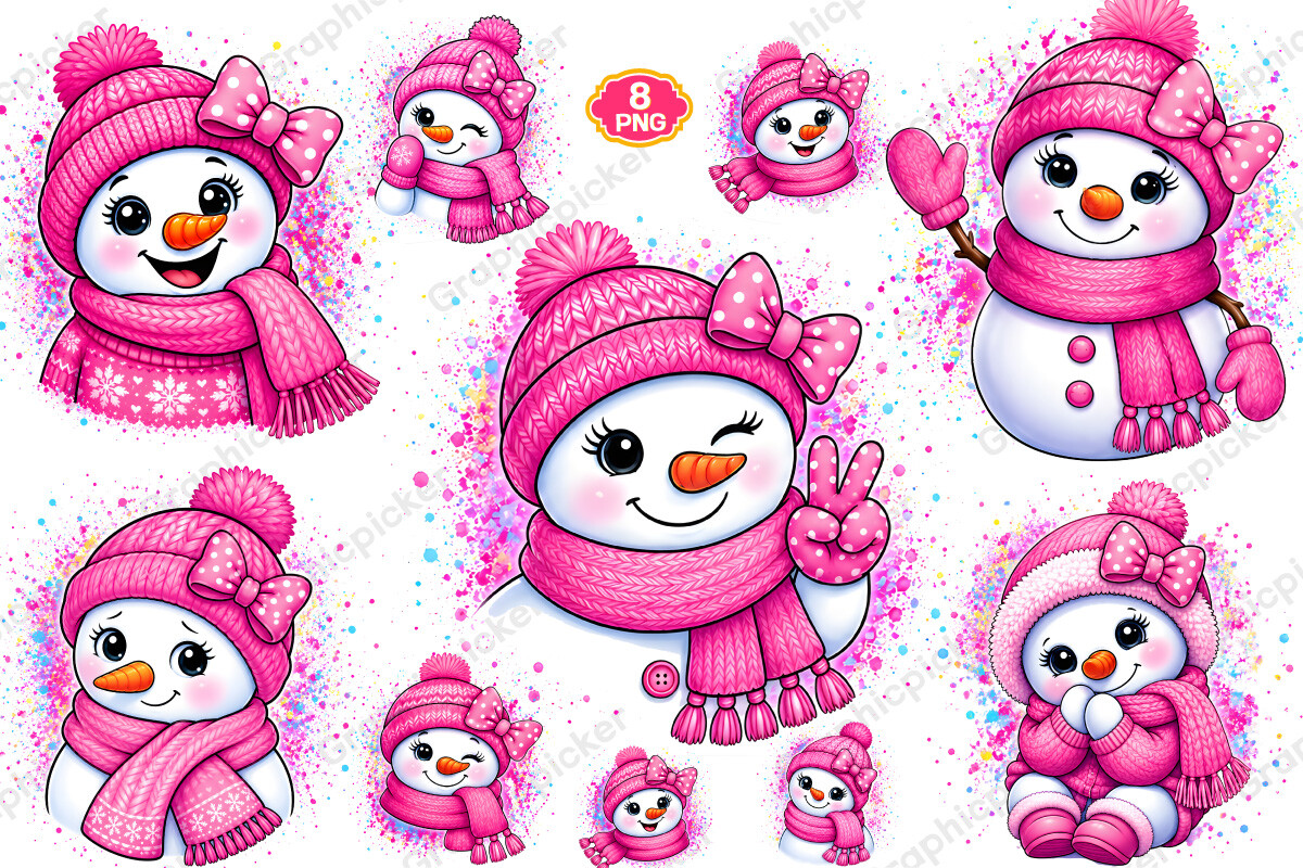 Snowman Stickers: Pink Splatter Snowmen with Expressive Faces original product preview