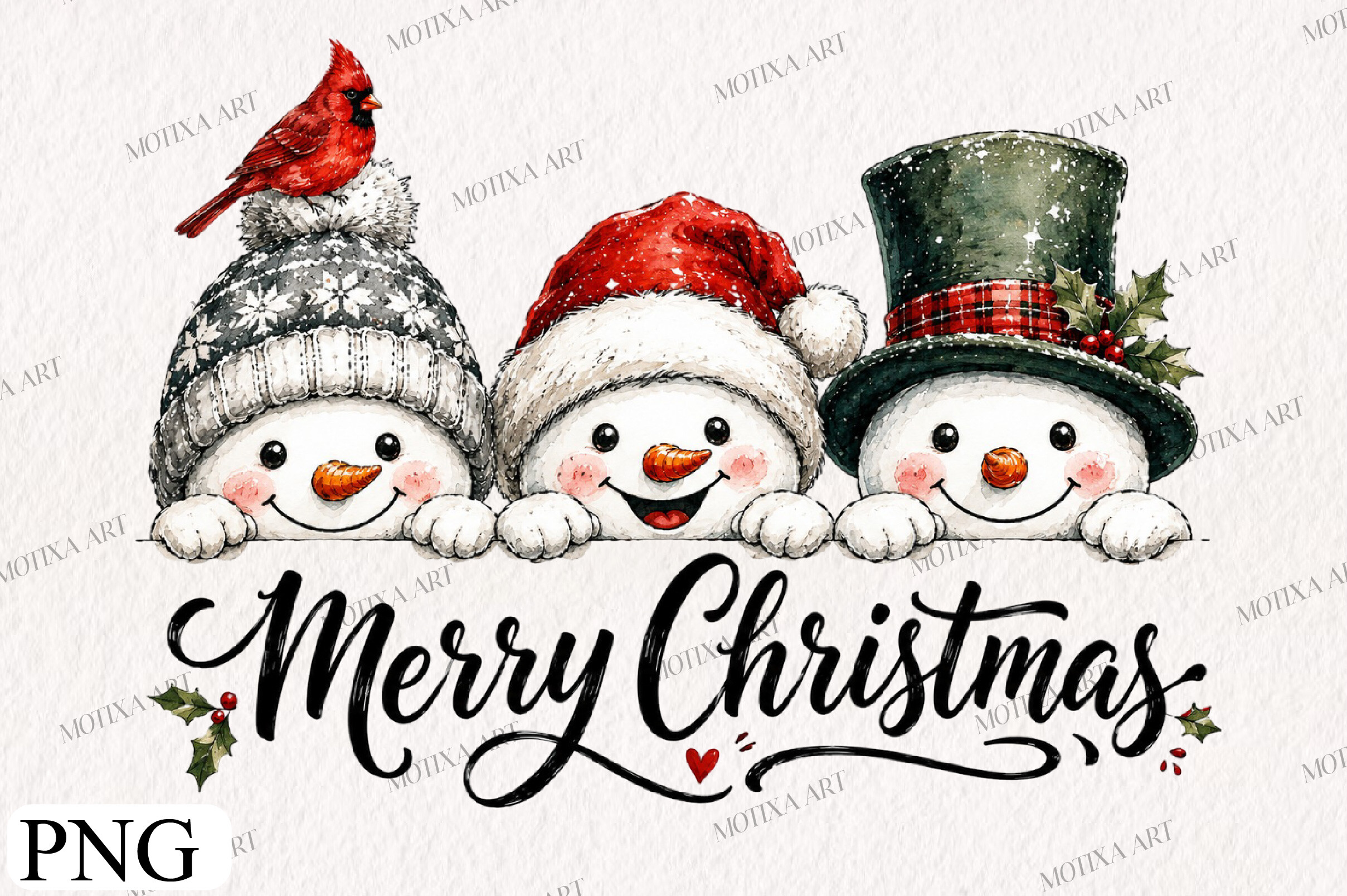 Snowman Stickers: Merry Christmas Peeking Trio as a Single PNG original product preview