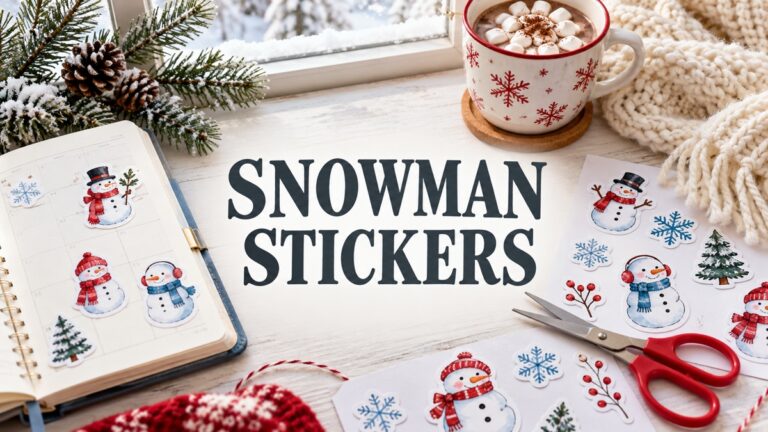 Snowman Stickers beside a winter planner, cocoa and scissors