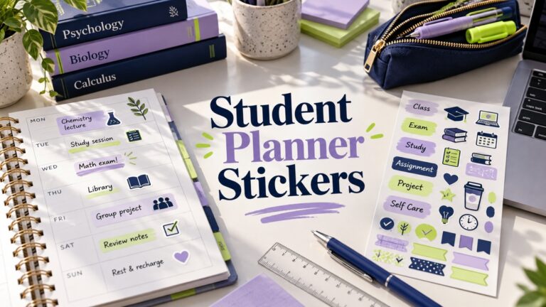 Student Planner Stickers with realistic planner and themed stationery