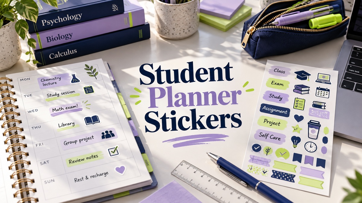 Student Planner Stickers with realistic planner and themed stationery