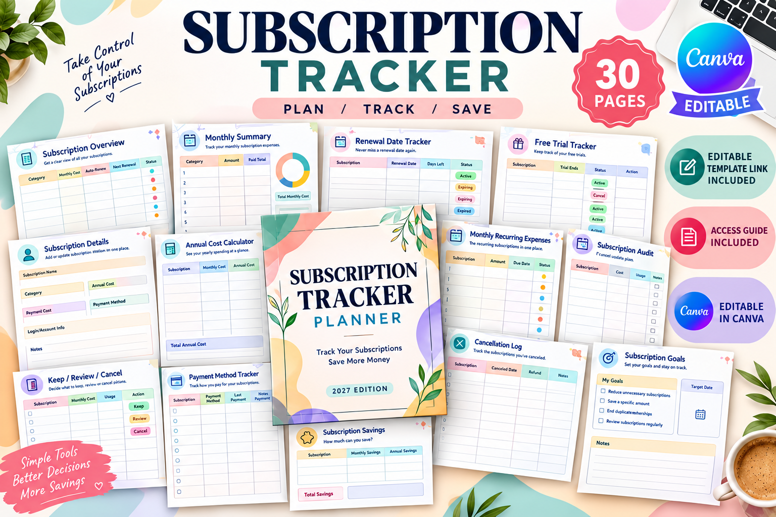 Subscription Tracker — Subscription Tracker Planner–30 Pages