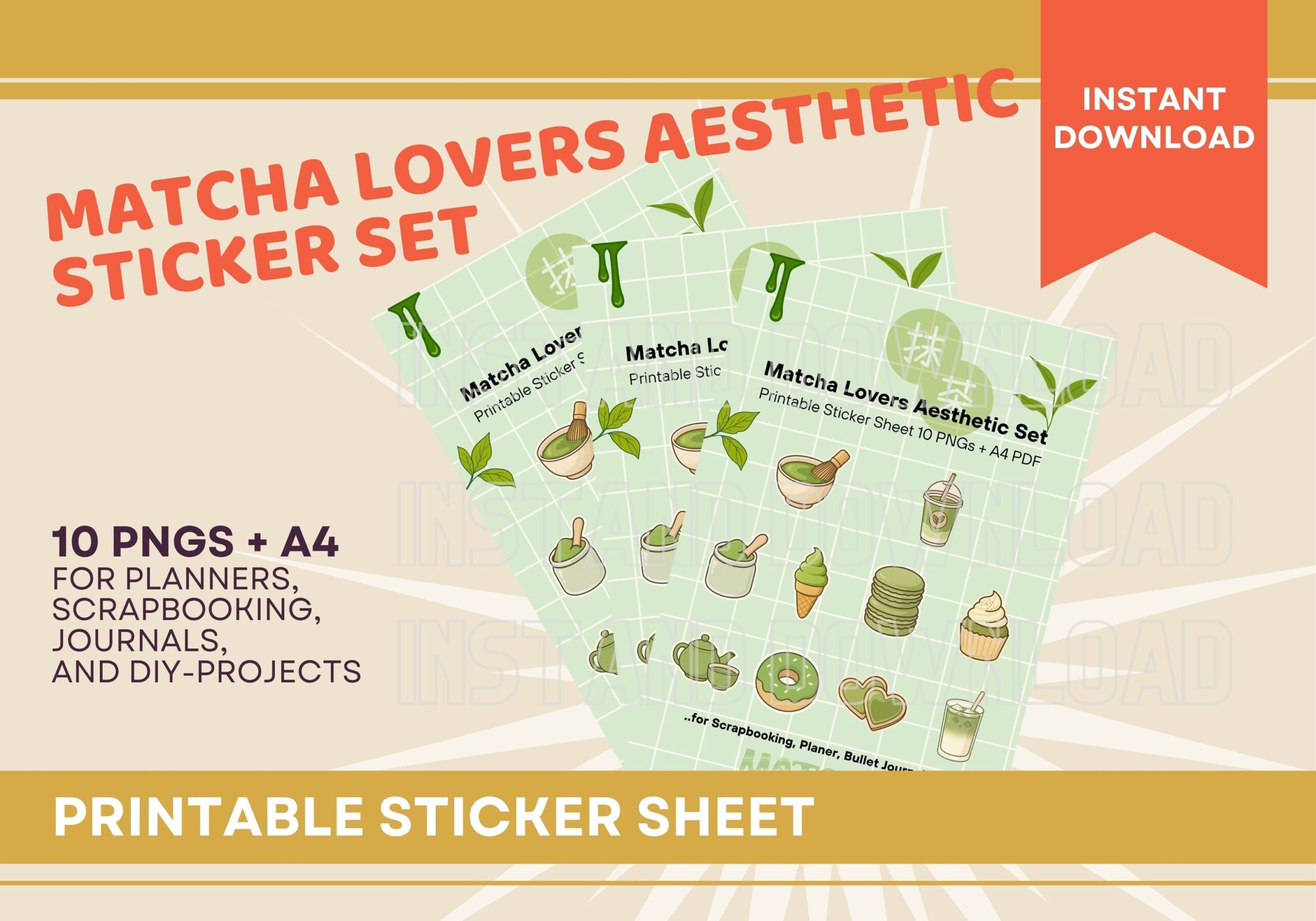 Tea Planner Stickers: Ten Matcha PNGs with an A4 Printable Sheet original product preview