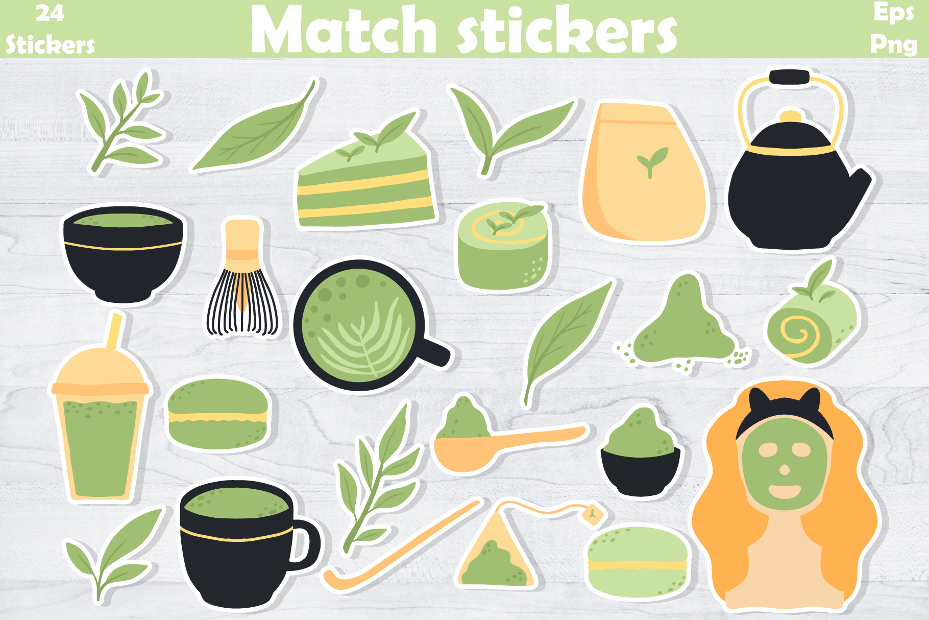 Tea Planner Stickers: Twenty-Four Green Tea Motifs in EPS and PNG original product preview