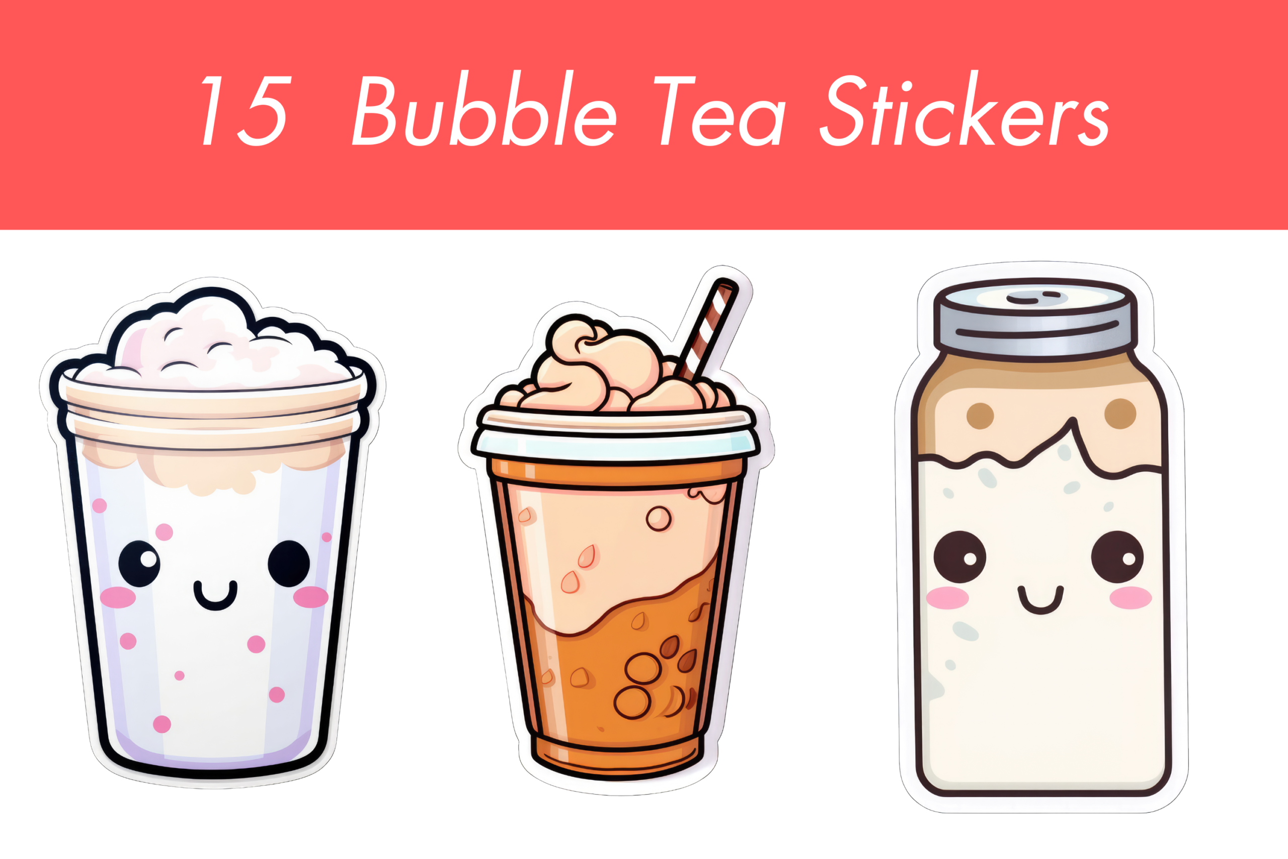 Tea Planner Stickers: Fifteen Bubble Tea Characters as Large Transparent PNGs original product preview