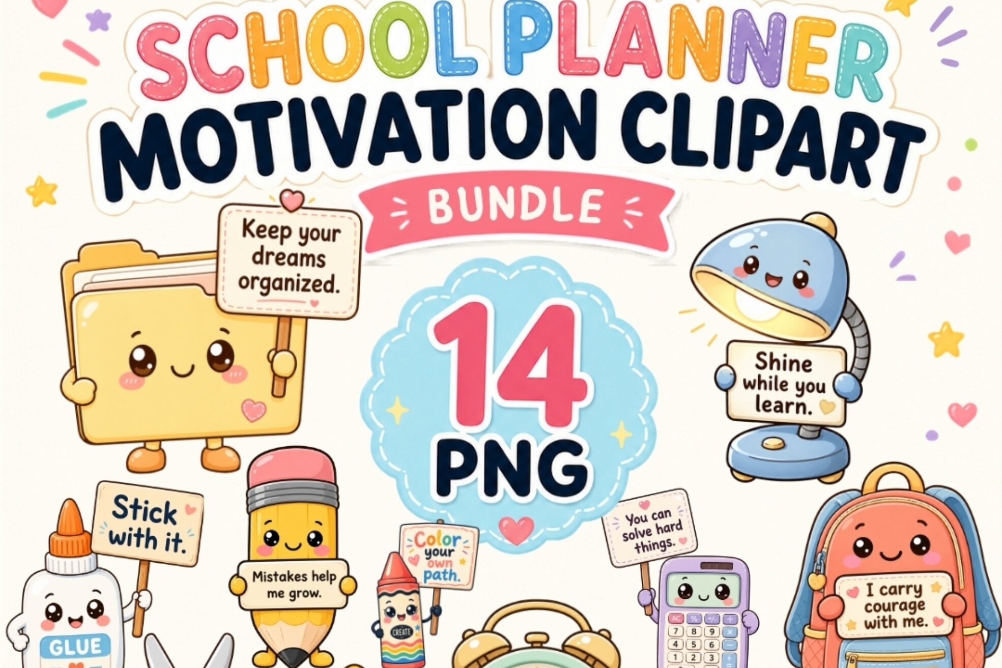 Teacher Planner Stickers: School Planner Motivation Clipart: 14 PNGs