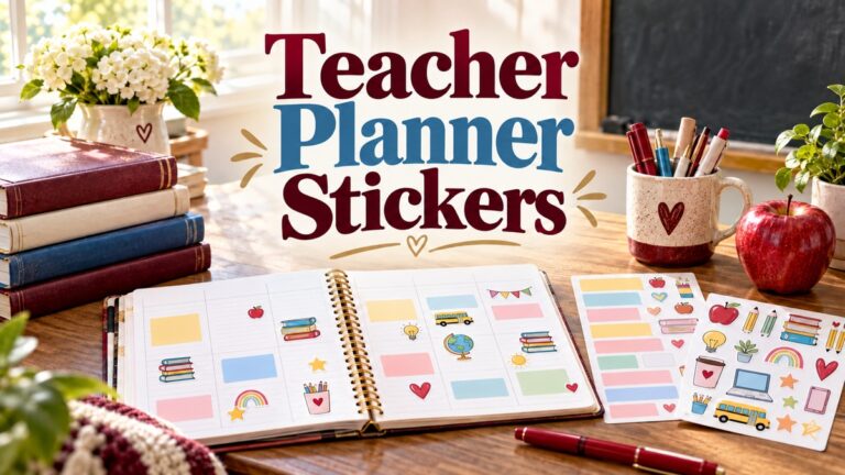 Teacher Planner Stickers with realistic planner and themed supplies